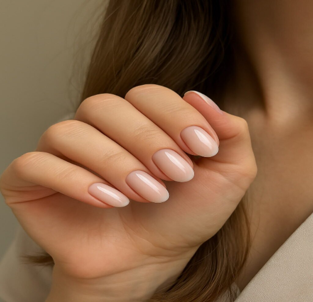 Close-up of a woman’s hand showing a flawless Russian manicure with soft pink polish.