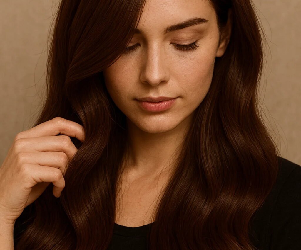 Young woman showing the latest hair color trend with long, glossy, chocolate brown hair