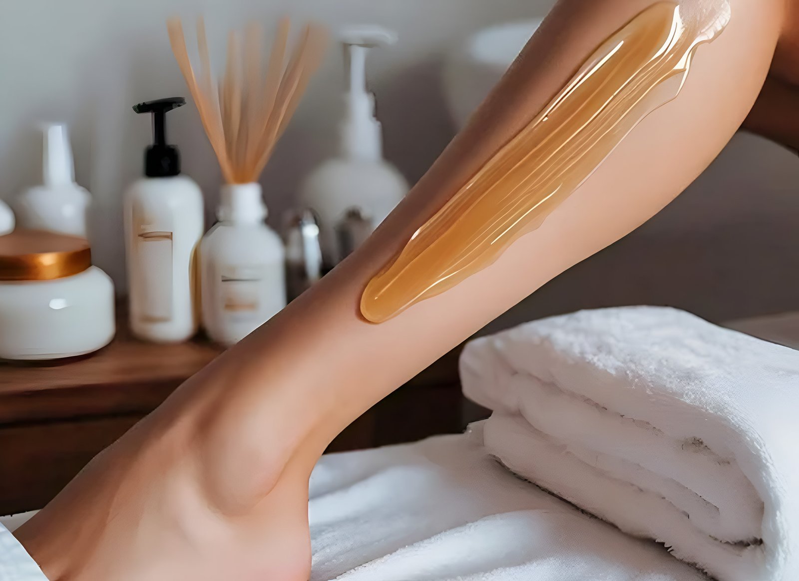 Close-up of a professional applying warm wax to a client’s lower leg in a clean salon during a Brazilian waxing session