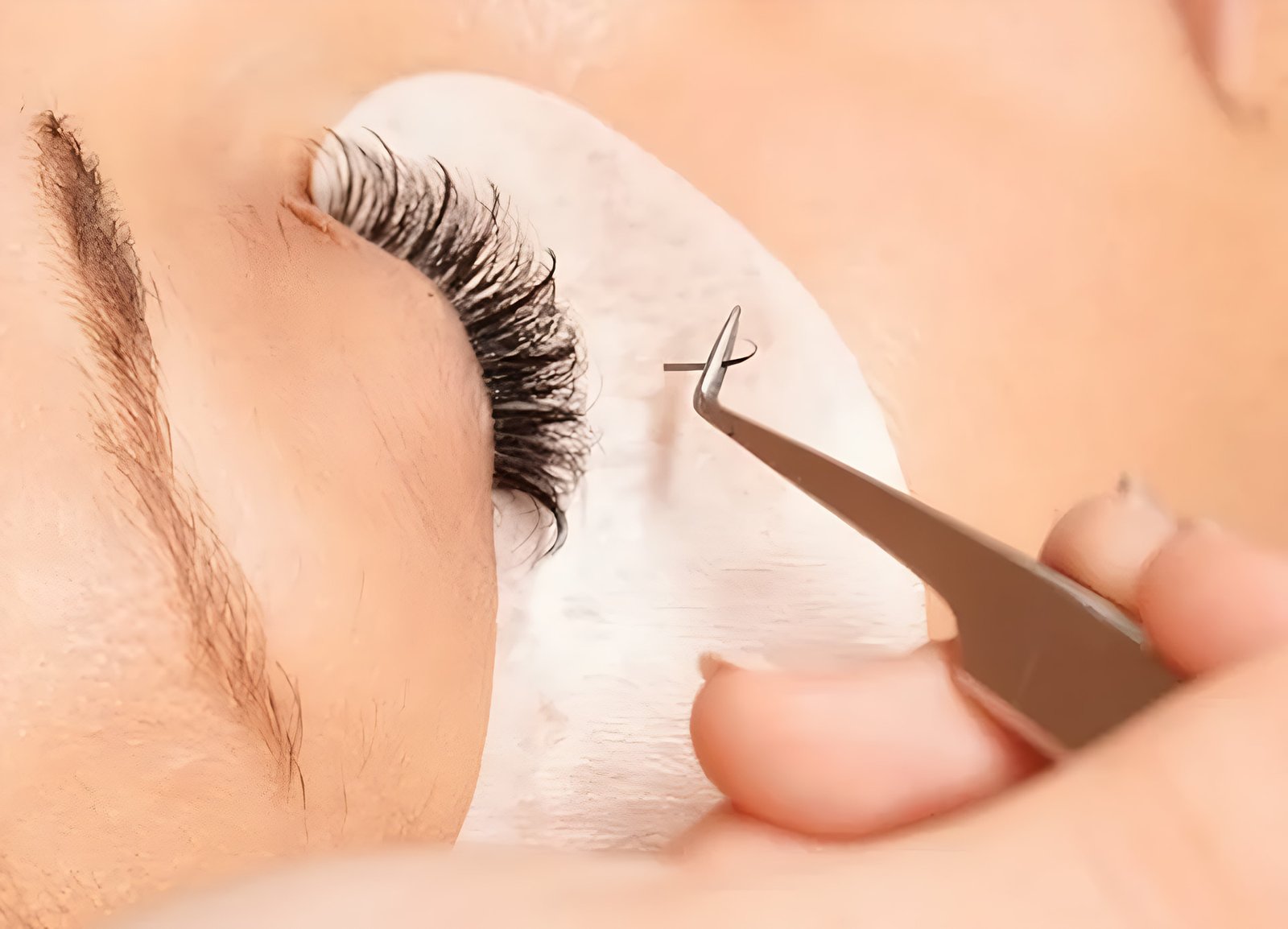 Close-up of a beauty technician applying individual eyelash extensions to a client’s upper lashes