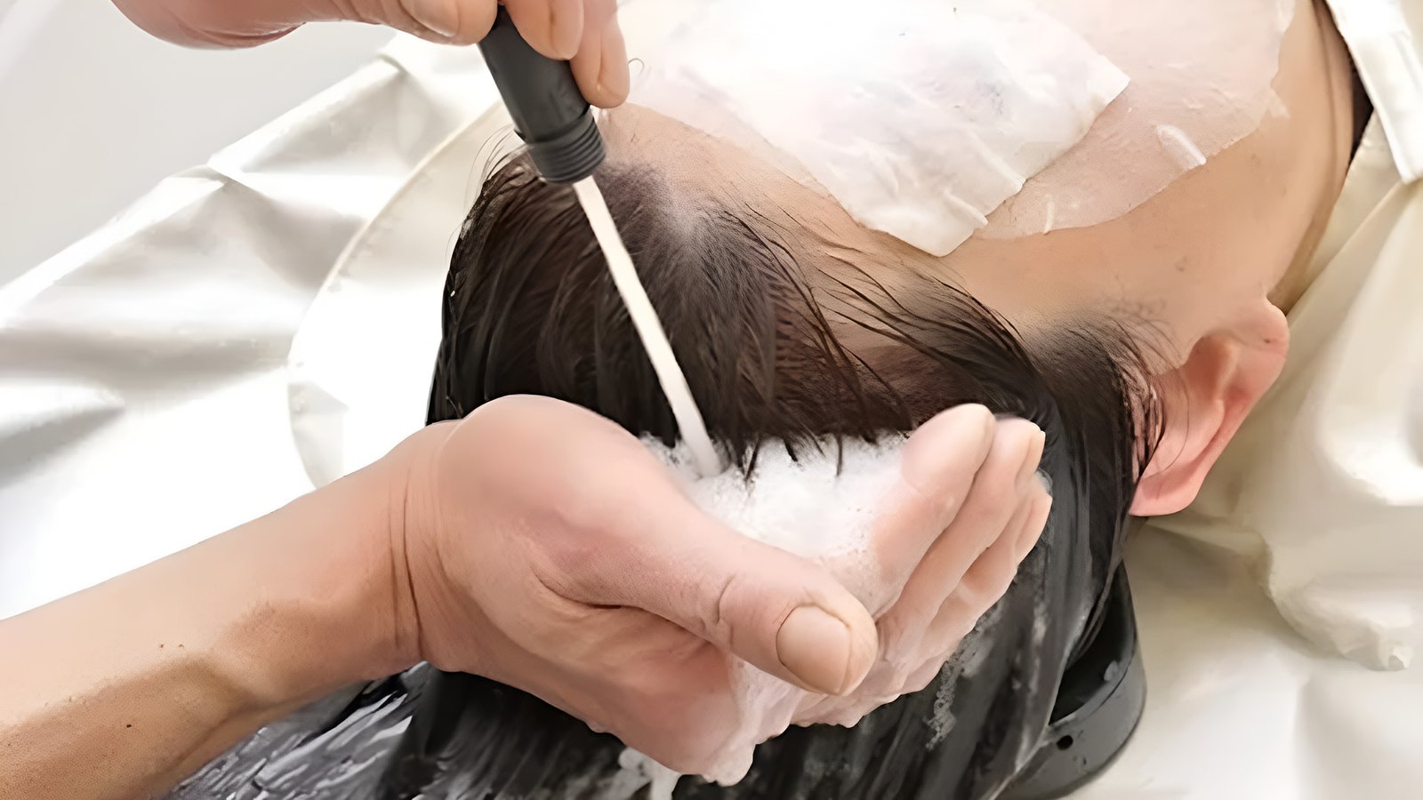 Hair stylist applying nourishing treatment to a woman’s hair