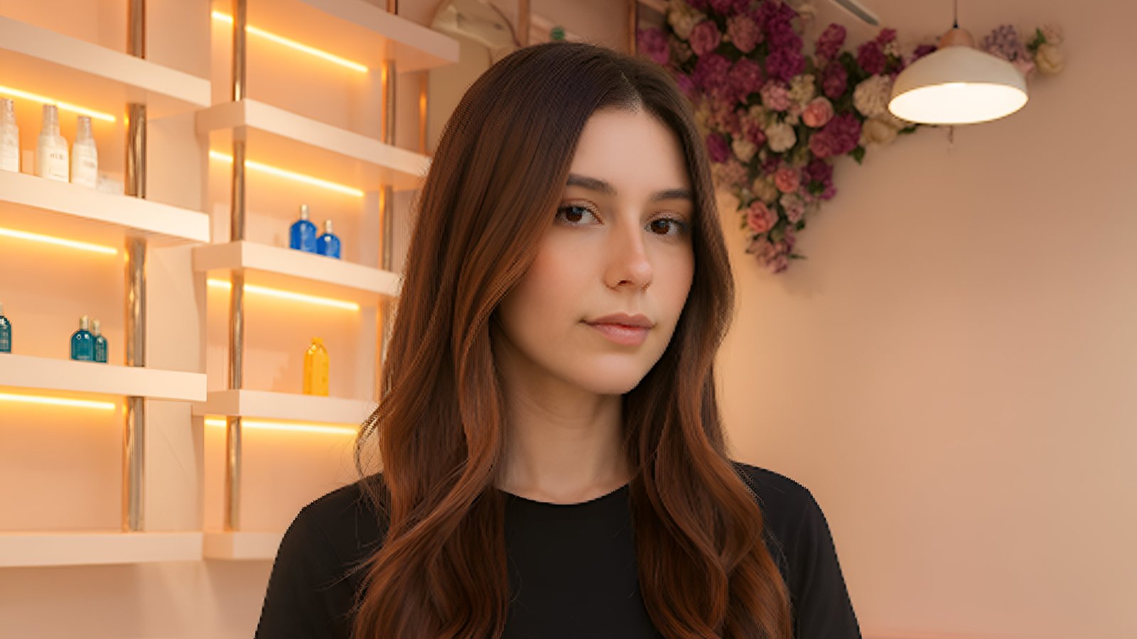 Dubai salon hair color treatment result showing a young woman