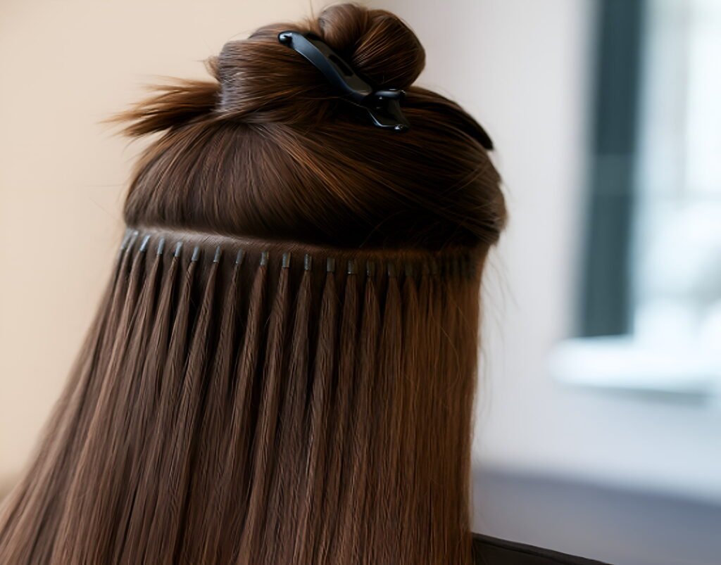 Close-up view of brown hair with micro-link extensions being applied
