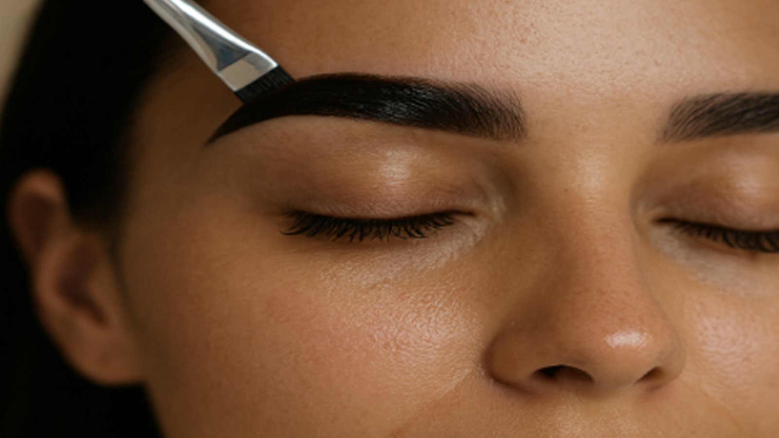 Close-up of a woman with eyes closed receiving professional eyebrow tinting, as a gloved hand applies dark dye with a precision brush