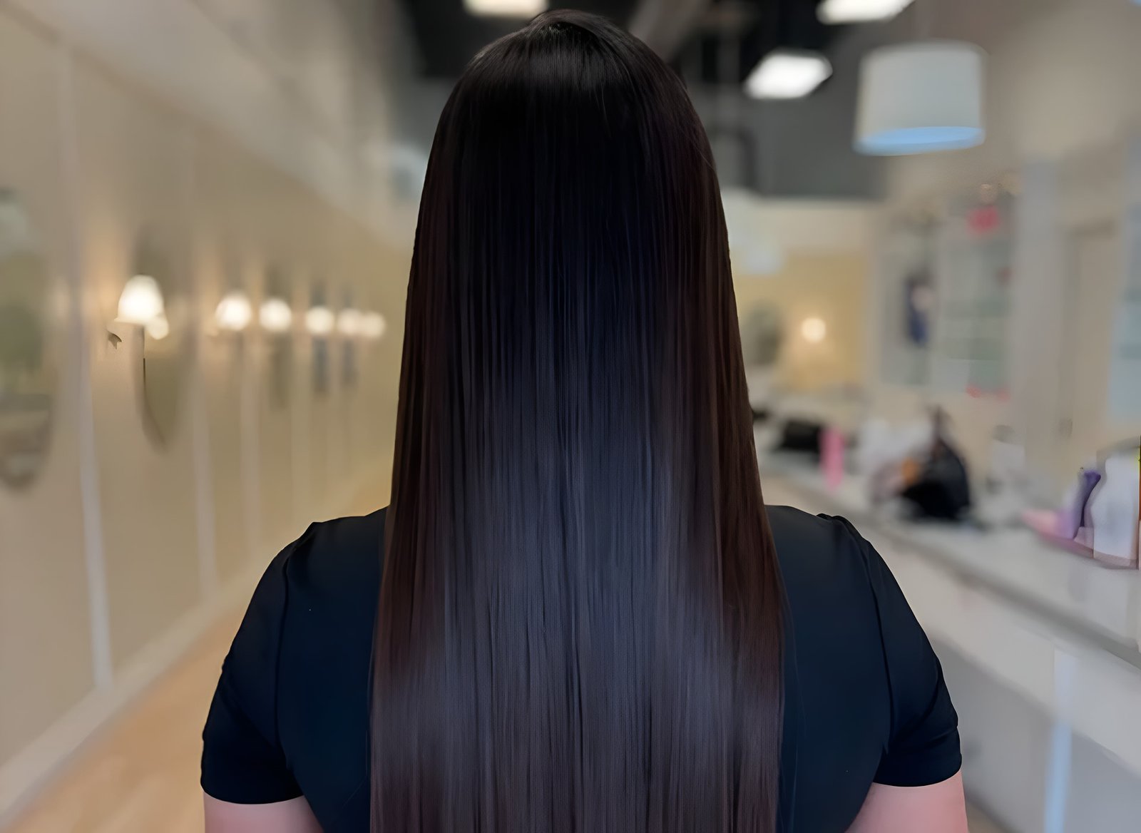 Back view of a woman with long, straight, glossy hair after a professional Blowout treatment