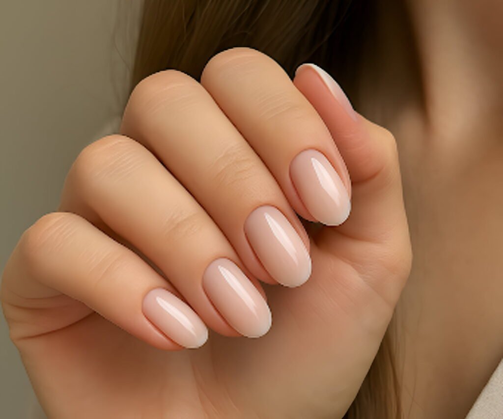 Close-up of a woman’s hand showing a flawless Russian manicure with soft pink polish.