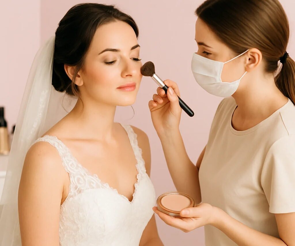 Bride in a white gown having makeup applied by a masked artist in a salon