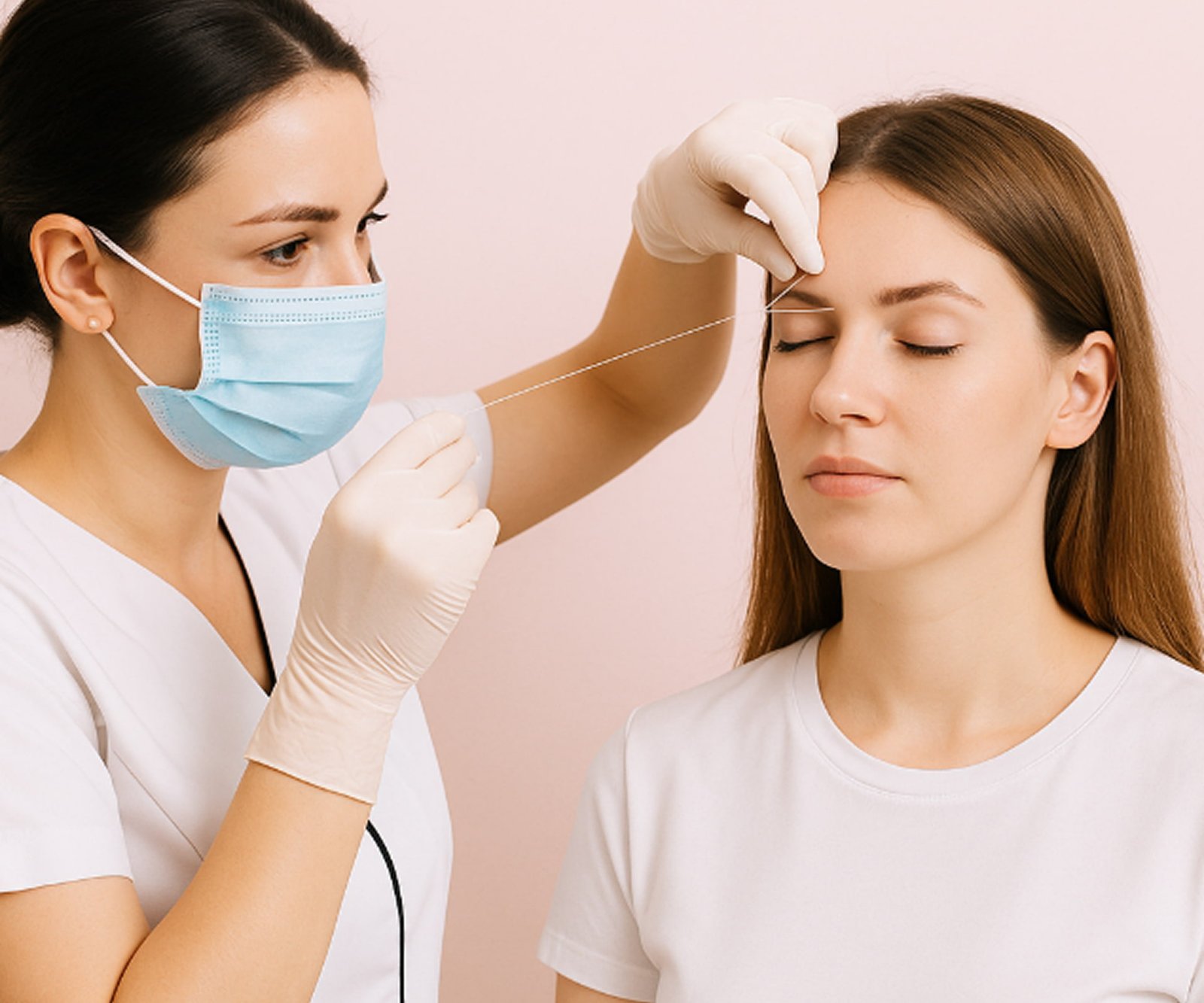 Close-up of a beautician threading a woman’s eyebrows