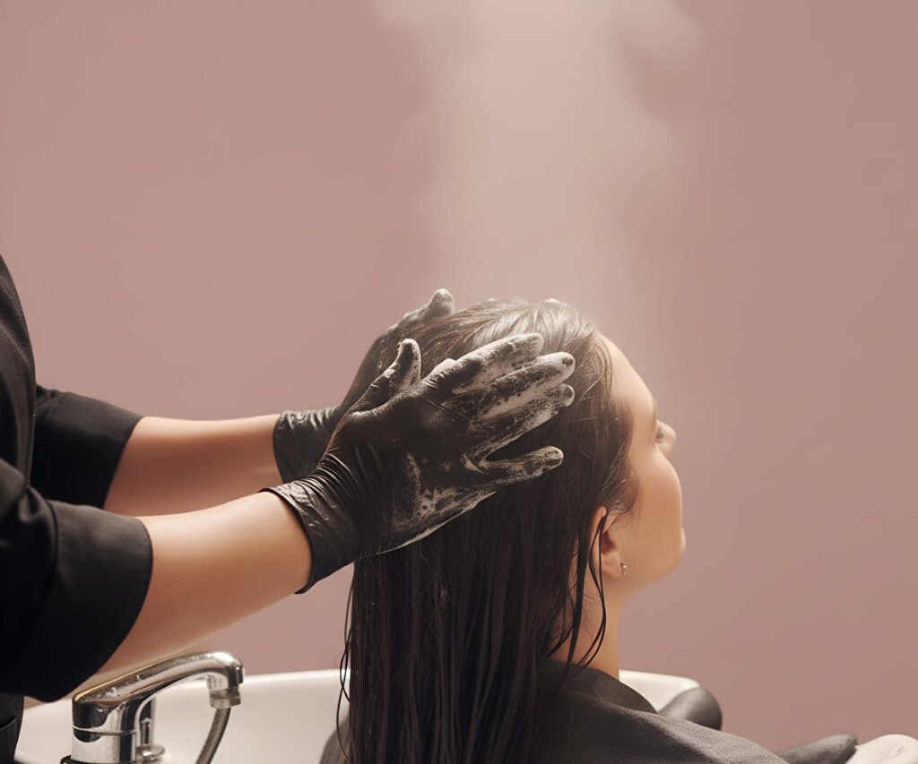 A close-up, back view of a woman receiving a professional scalp treatment