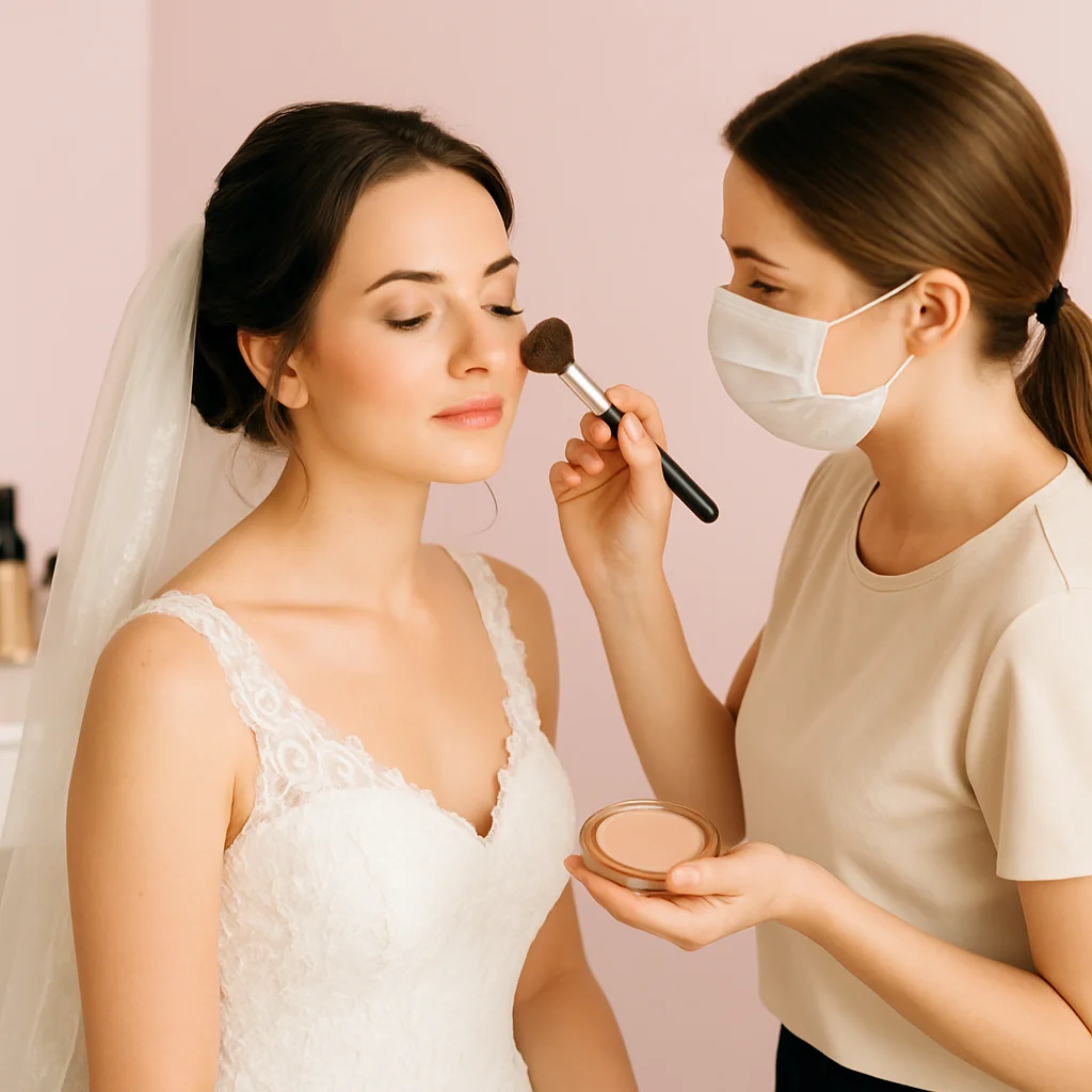 Bride in a white gown having makeup applied by a masked artist in a salon