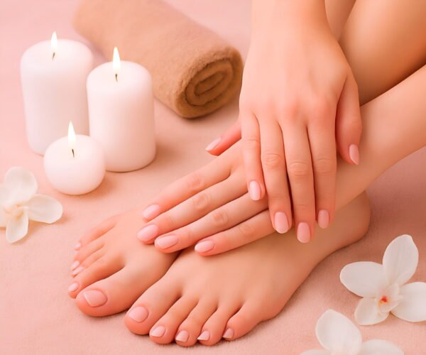 Close-up of a woman’s hands and feet with a French